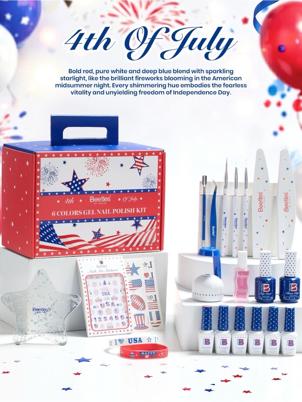 Beetles 4th of July Nails Hema-free Gel Kit With UV Nail Lamp